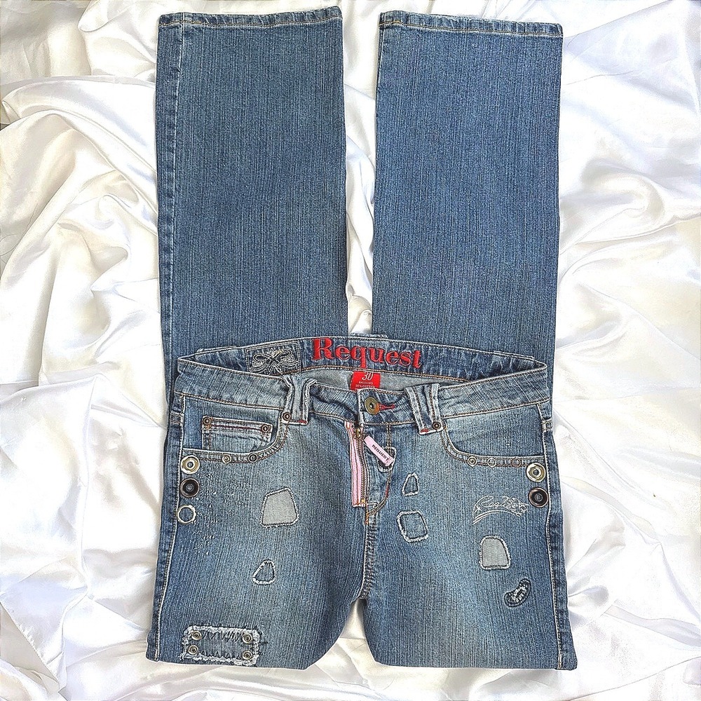 Request Jeans Womens Low Rise Straight Leg Pink Zipper Patch Denim Blue Size 30